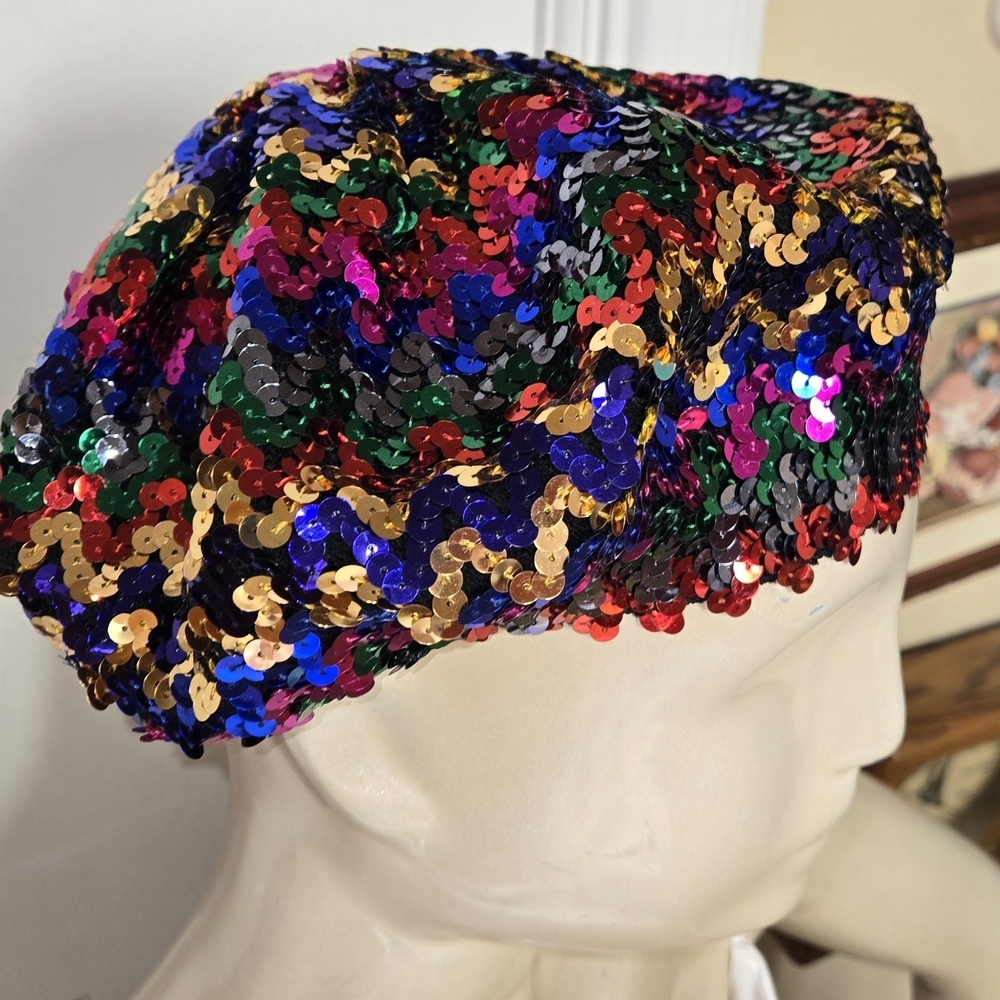 Vintage Multicolor Sequin Beret Hat Sparkly Disco Festival Statement Cap - Picture 3 of 10